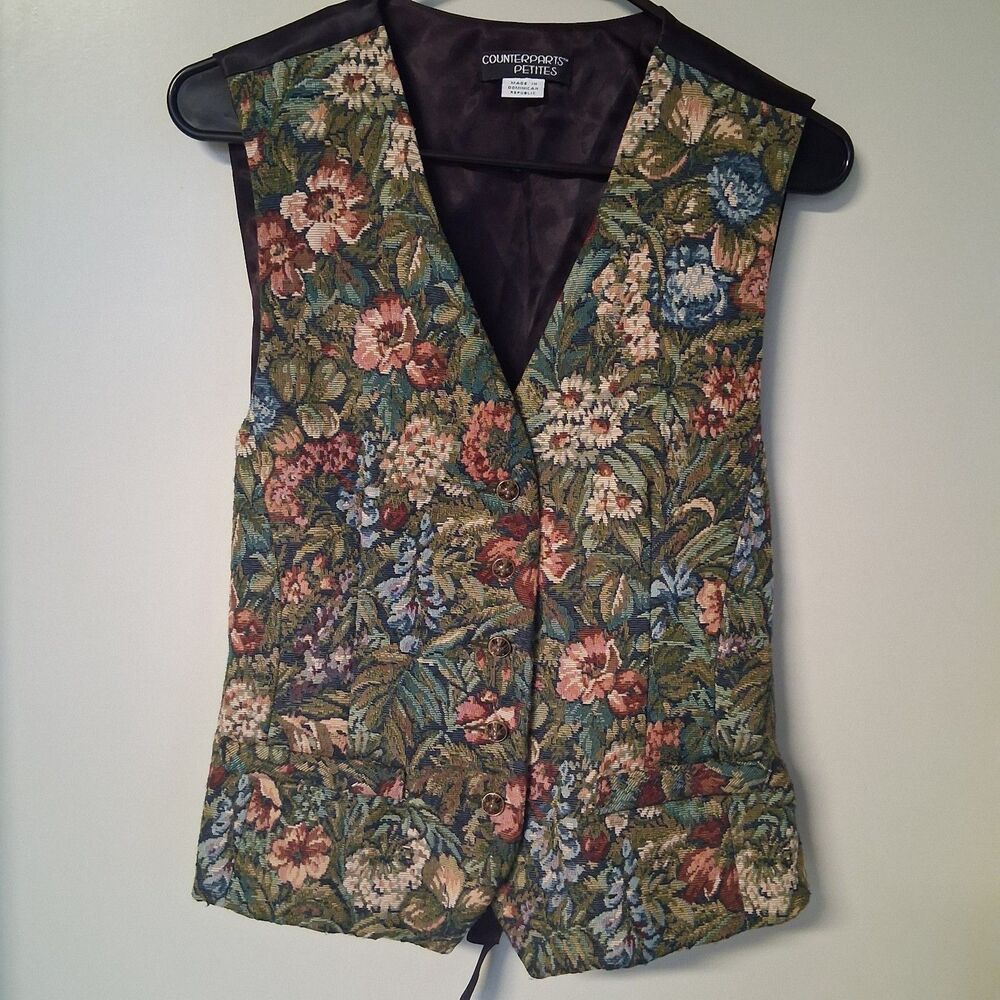 VNTG 90s Floral Tapestry Button Up Vest M Grannycore Rachel Green Dark Academia